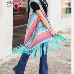 Crazy Train Leopard Serape Print Floral Embroidered Vest Fringe- OS-Regular